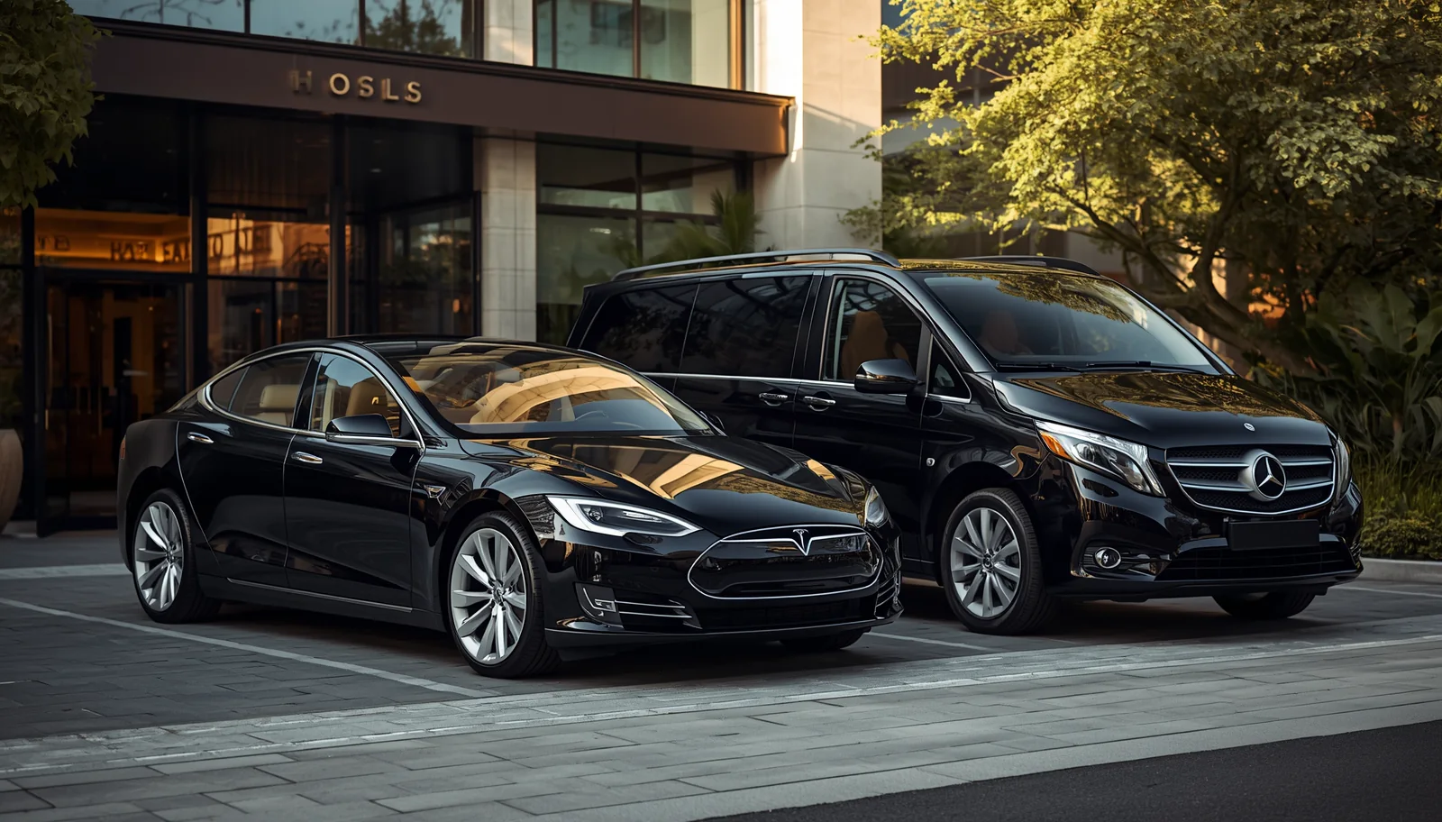 Tesla Model S noire et Mercedes V-Class noire devant un hôtel